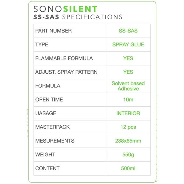 SONOSILENT SS-SAS Spray Glue specifikationer, brandfarligt lösningsmedelsbaserat lim