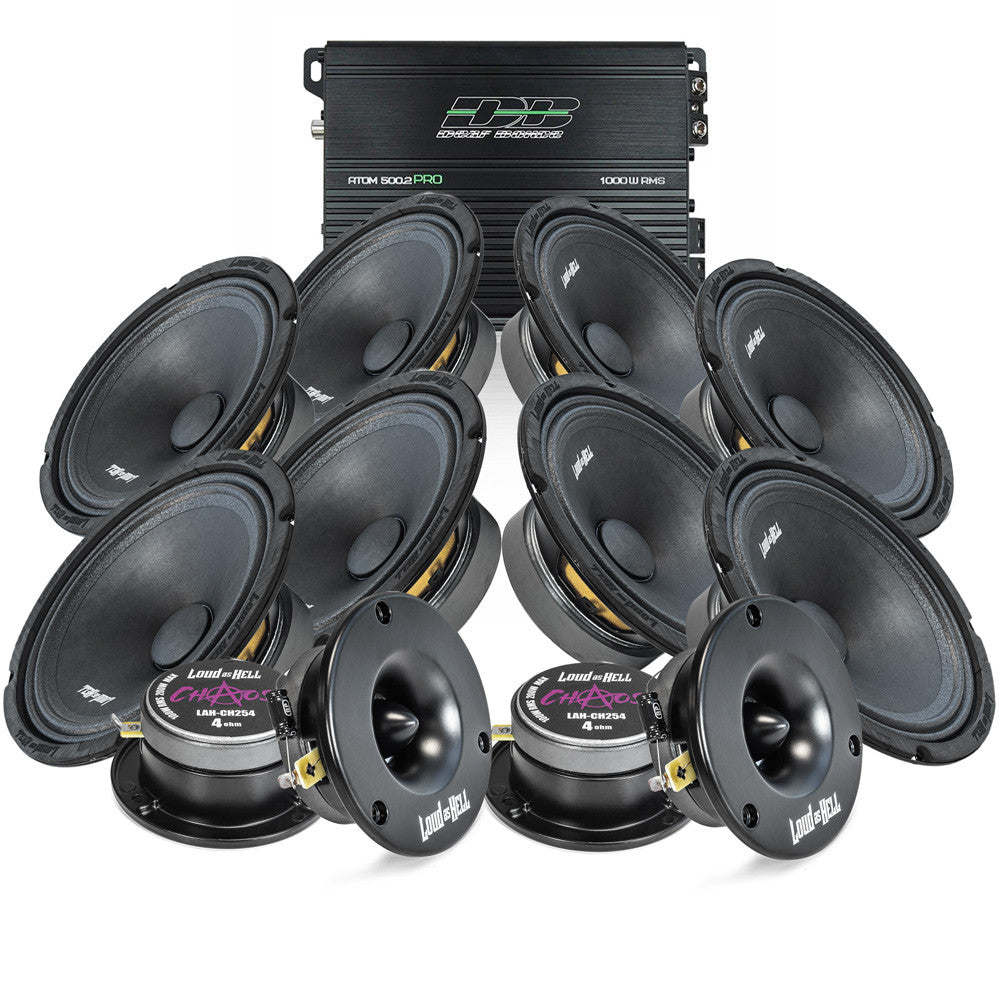 Loud as Hell Chaos 8 amp-paket med midbasar, horndiskanter och Deaf Bonce-slutsteg