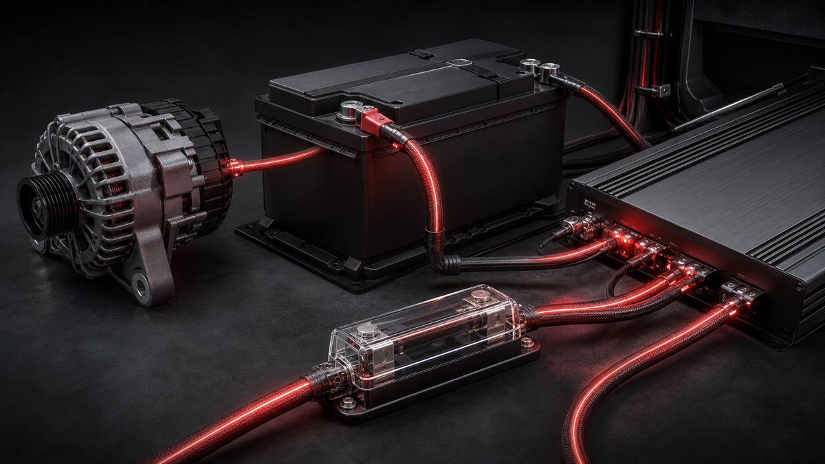 Elsystem för billjud med generator, batteri, säkring och slutsteg