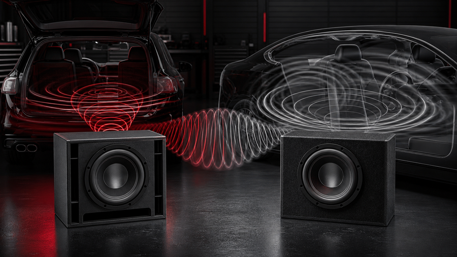 Identiska subwoofers i olika lådor och akustiska miljöer