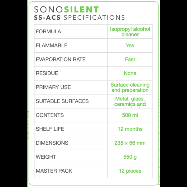SONOSILENT SS-ACS specifikationer för isopropylalkohol-spray, brandfarlig