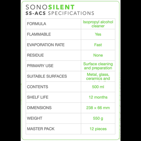 SONOSILENT SS-ACS specifikationer för isopropylalkohol-spray, brandfarlig