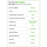 SONOSILENT SS-SAS Spray Glue specifikationer, brandfarligt lösningsmedelsbaserat lim