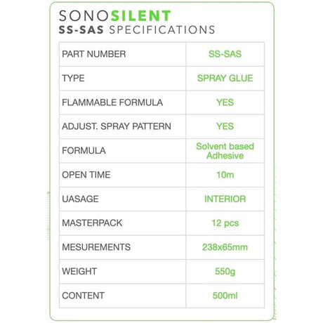 SONOSILENT SS-SAS Spray Glue specifikationer, brandfarligt lösningsmedelsbaserat lim
