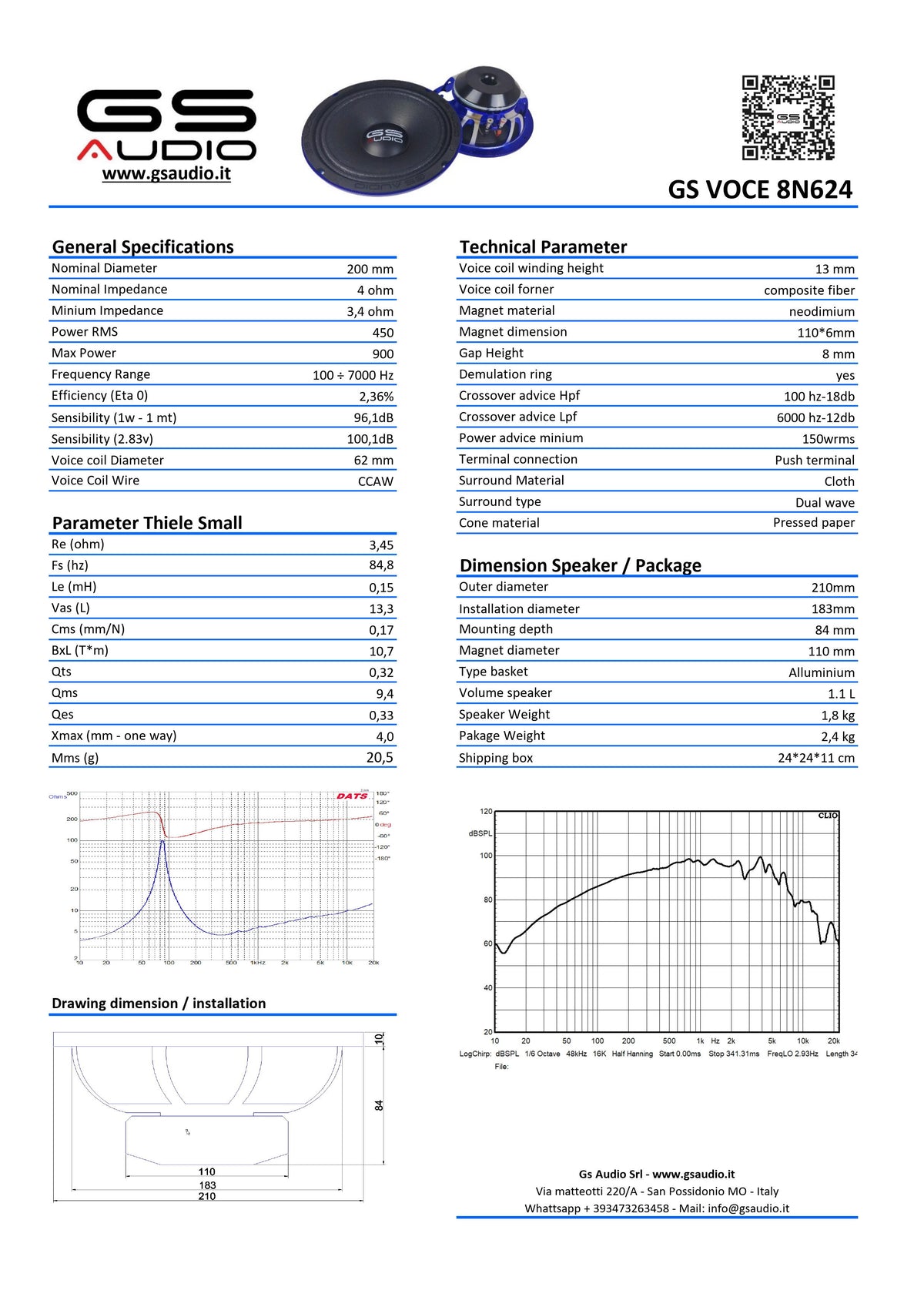 GS Audio Voce NEO 8-tums mellanregister – datablad