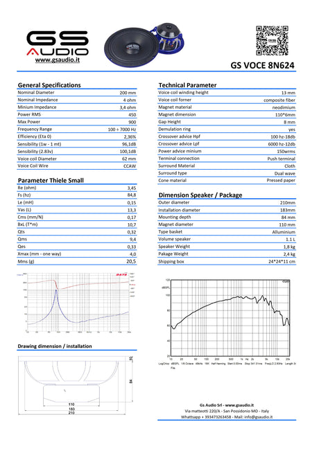 GS Audio Voce NEO 8-tums mellanregister – datablad
