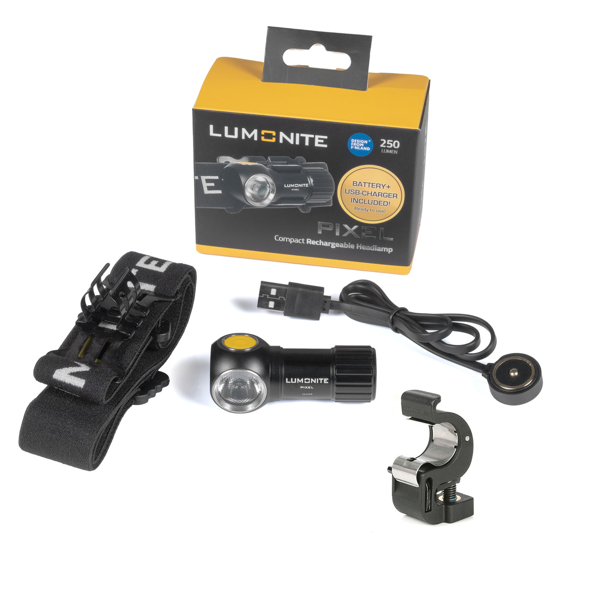 Pannlampa LUMONITE® Pixel, 250 lm, Basic-paket + Arbetshjälmfäste (skruvar)