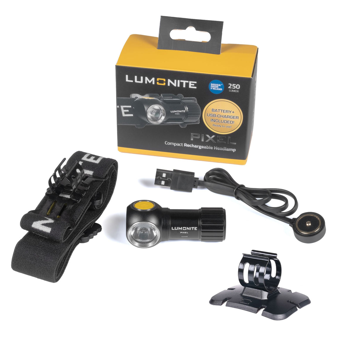 Pannlampa LUMONITE® Pixel, 250 lm, Basic-paket + Arbetshjälmfäste (klister)