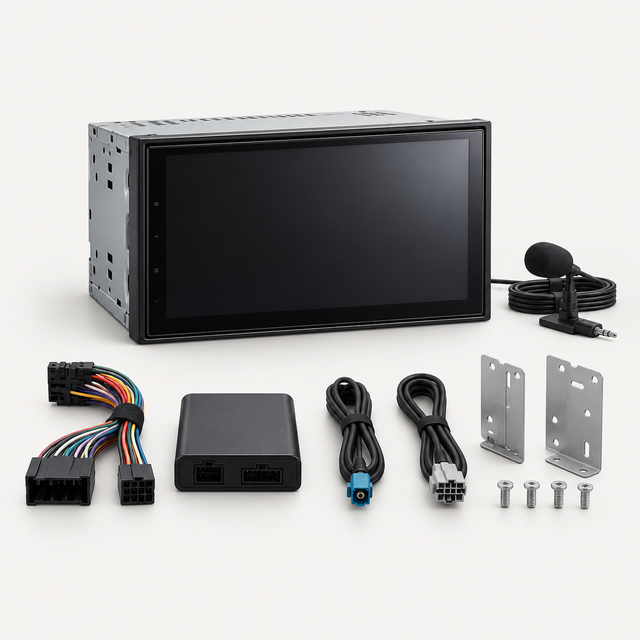 Illustration av bilstereo och installationstillbehör – RMS AUDIO tjänster