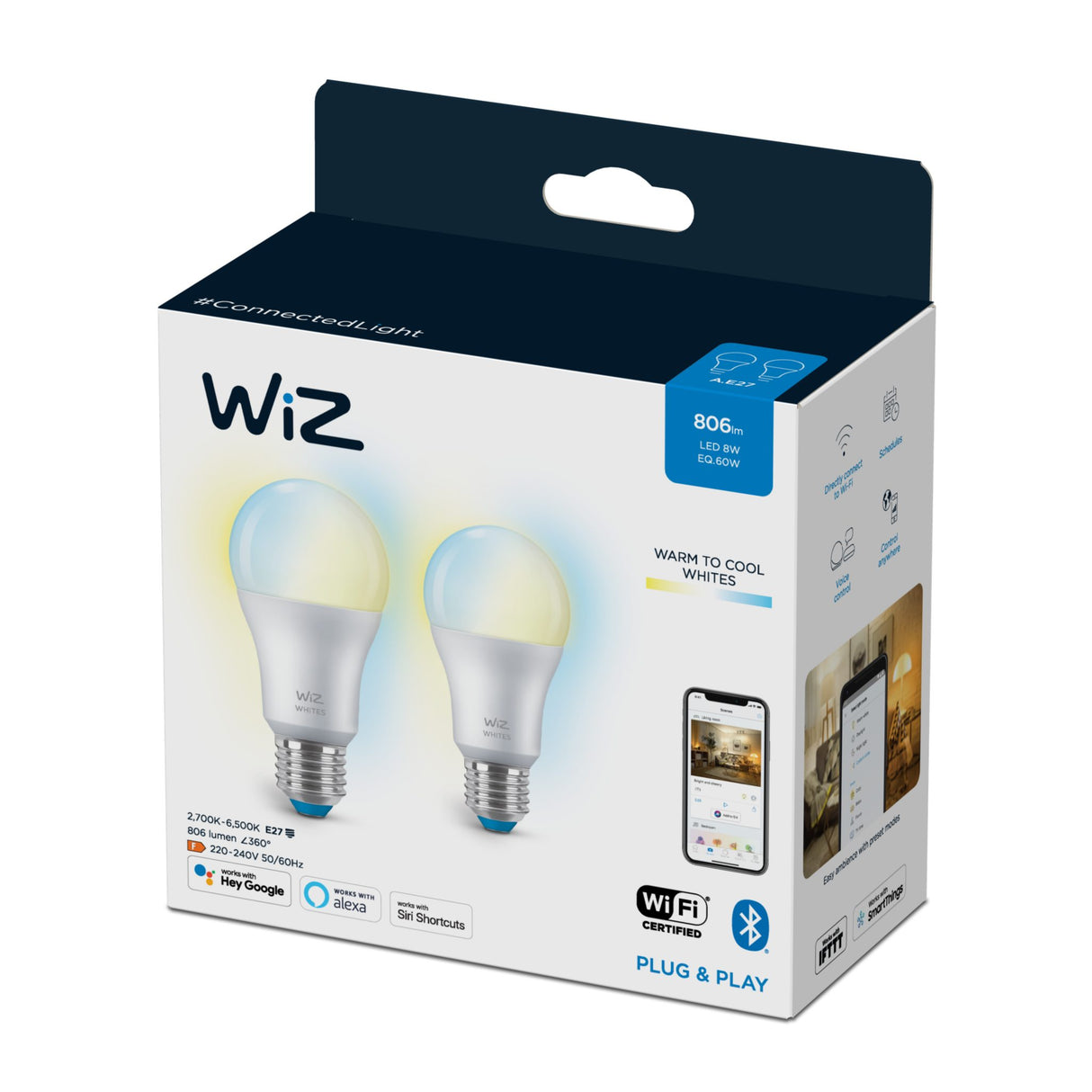 LED-Smart lampa Wiz White, E27, 2700-6500K, 2 st